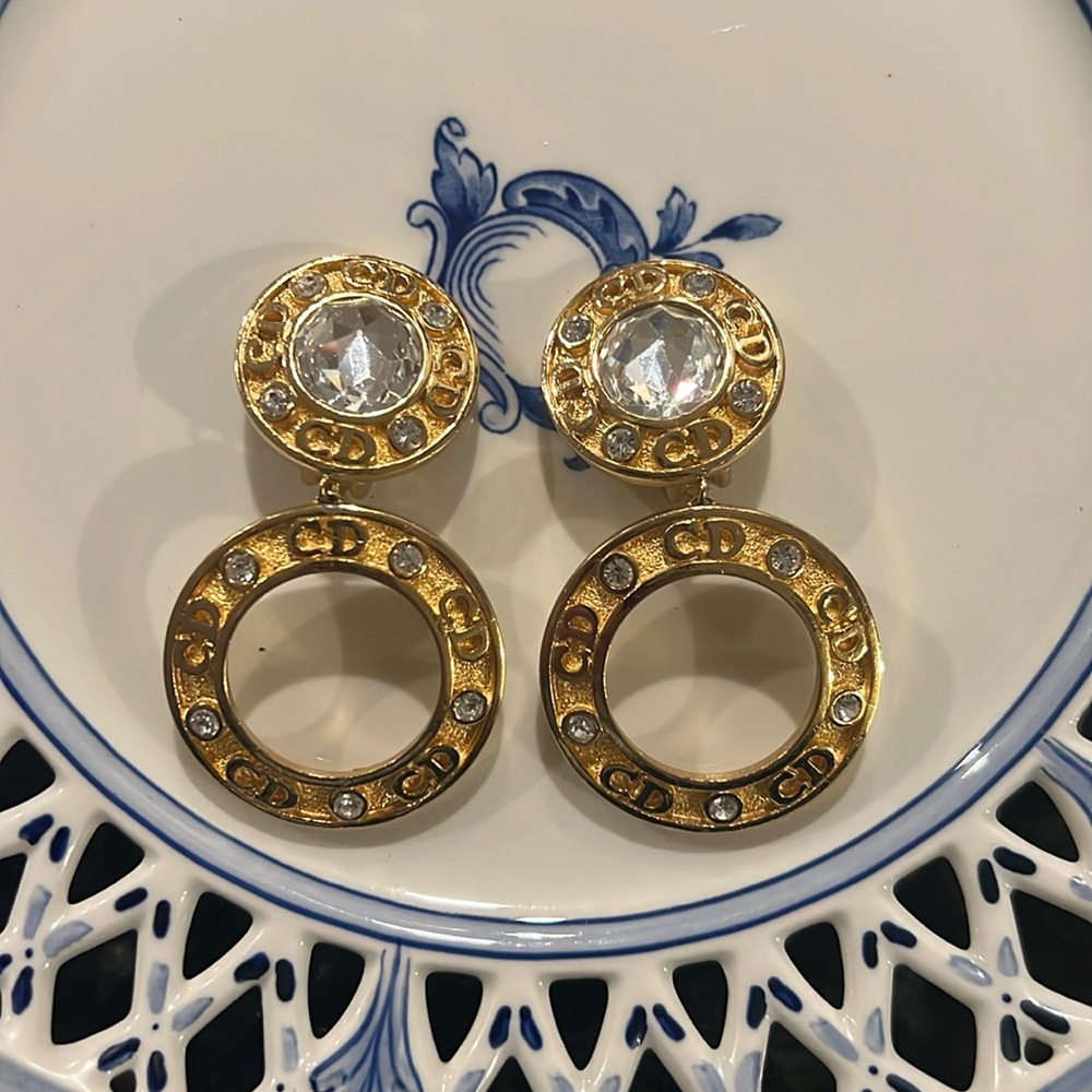 Christian Dior Vintage CD Logo Clip-On Earrings with Swarovski Crystals